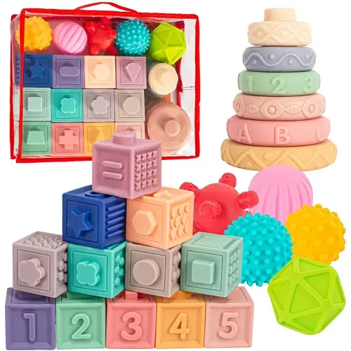 Springflower 3 in 1 Montessori Toys for Babies 0-3-6-12 Months, Soft Baby Teething Toys, Stacking Building Blocks for Infants, Sensory Developmental Education Toys for Toddler Baby 12-18 Months,23 PCS