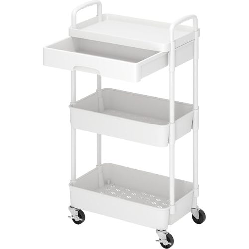 Dttwacoyh 3-Tier Rolling Cart，Trolley with Drawer, Multifunctional Storage Organizer with Plastic Shelf & Metal Wheels, Kitchen Storage Cart for Living Room, Kitchen, Office, Bathroom, White