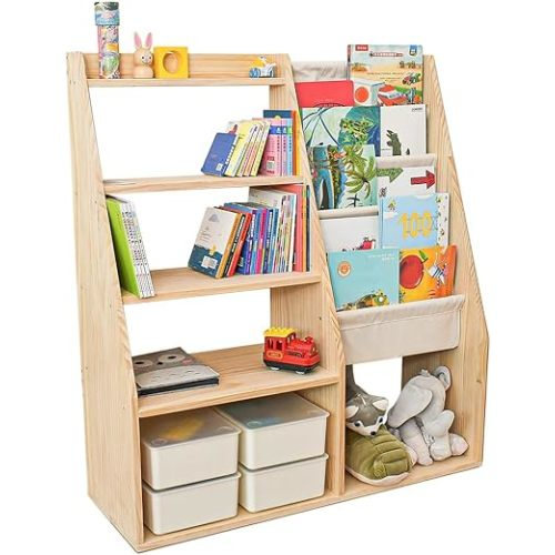 Kids’ Bookcase & Toy Storage Organizer, Solid Wood, 100% Non-Toxic, Multipurpose Bookshelf for Playroom, Toddler Room, Classroom, Large Capacity