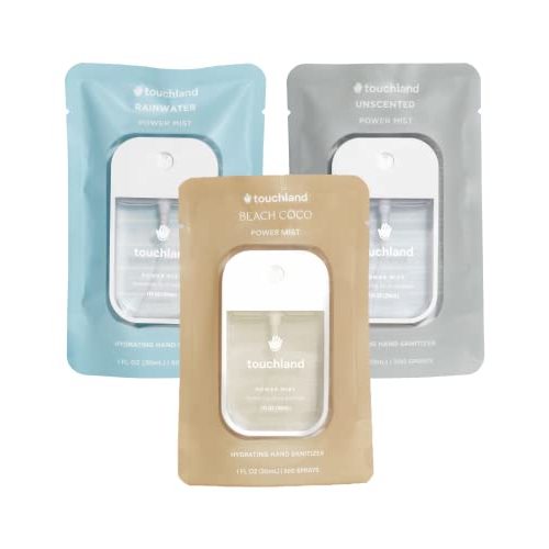Touchland Power Mist Hydrating Hand Sanitizer Spray, DYE FREE 3-PACK (Rainwater, Unscented, Beach Coco), 500-Sprays each, 1Fl Oz Travel Size (Set of 3)