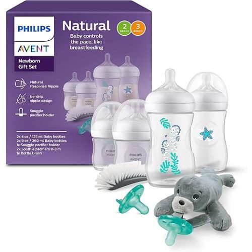 Philips Avent Natural Baby Gift Set, Bottles with Natural Response Nipples, 2X 4oz (Slow Flow, Flow 2) & 2X 9oz (Medium Flow, Flow 3), with Seahorse & Starfish Design, 2X Soothie Pacifiers, SCD838/06