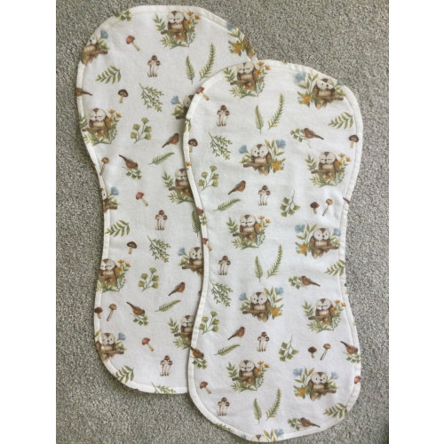 Woodland owl, leaves,mushrooms,bird burpcloths, Set of 2 unisex burpcloths, woodland burpcloths, Owls and mushrooms burp cloth set