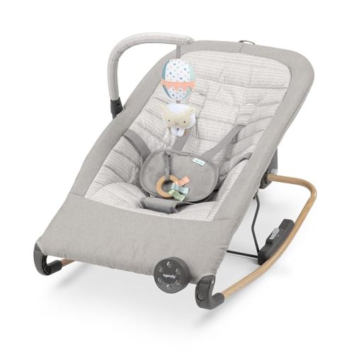 Ingenuity Gas Relief and Anti-Colic Baby Bouncer Seat and Rocker, Gentle Belly Massage to Relax and Soothe Bellies, Instant Tummy Soother, 20 Songs and Melodies – Chambray Blue