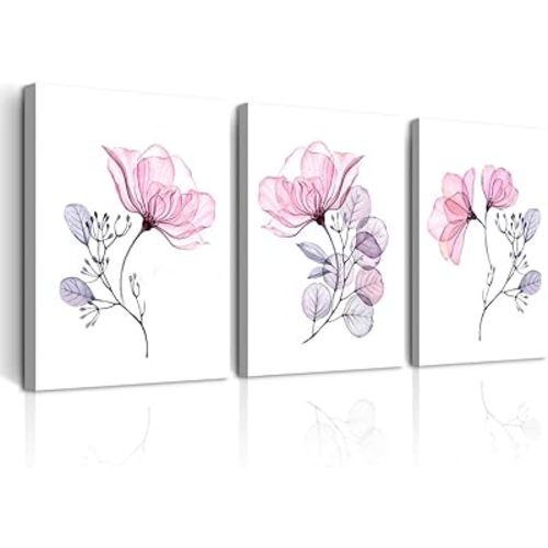 DZRWUBHS Canvas Wall Art - Pink Flowers, 3 Pieces, 12x16 Inch, For Bedroom, Living Room, Kitchen, Office, Bathroom, Home Decor