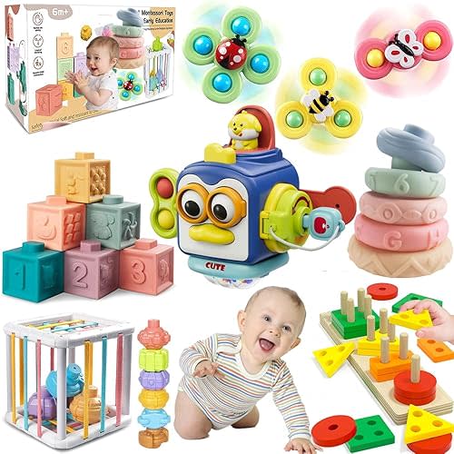 Baby Toys 6-12 Months, Montessori Toys for Toddlers 1-3 Year Old, Busy Cube Teether Infants Bath 6 in 1 Stacking Blocks Rings, Suction Cup Spinner, Shape Bin Sensory (0035)