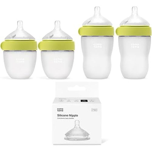 Silicone Baby Bottle Set for Newborn & Baby – Comotomo Gen 2 Feeding Bundle with 5oz & 8oz Anti Colic Baby Bottles (Green) + Fast Flow Replacement Nipples – Breast Like Bottle Feeding