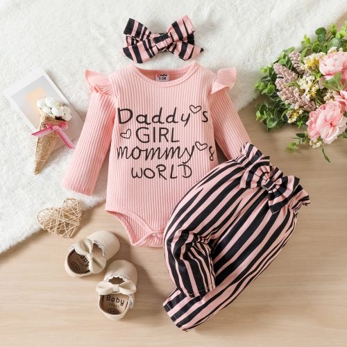 PatPat Newborn Baby Girls Clothes Long Sleeve Romper Jumpsuit Striped Pants Outfit Set, 9-12 Months