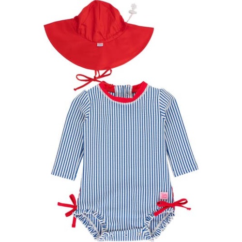 Seersucker One-Piece Rashguard Swimsuit & Sun Hat Set, 0-3M