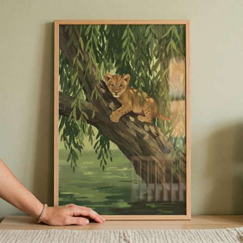 Willow Climbing Lion Cub Wall Art, Safari Nursery Decor, Jungle Animal Illustration, Kids Bedroom Print, Wild Animal Tree Art