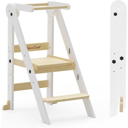 Taleco Gear Foldable Toddler Kitchen Stool Helper, 3 Adjustable Heights Wooden Kids Helper Tower - Collapsible Toddler Stool for Bathroom & Kitchen Safety (Nature)