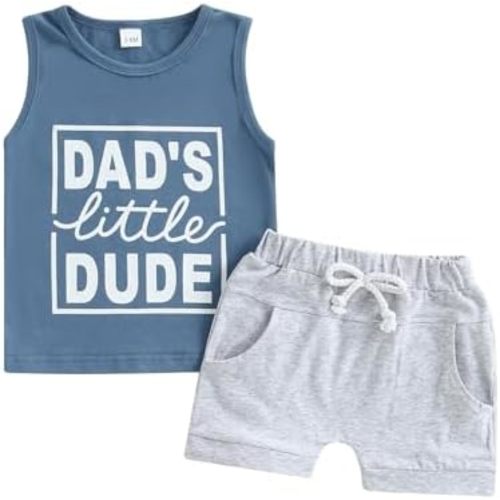 2Pcs Toddler Baby Boys Summer Clothes Set Letter Print Sleeveless Tank Top Shorts Dad's Little Dude Outfits