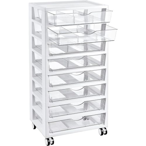 Vtopmart 8 Tier Rolling Cart with Drawers, Clear Plastic Drawers with Removable Dividers for Art &Office Supplies, Beauty Products, Toy, Under Desk Storage for Craft Room, Classroom