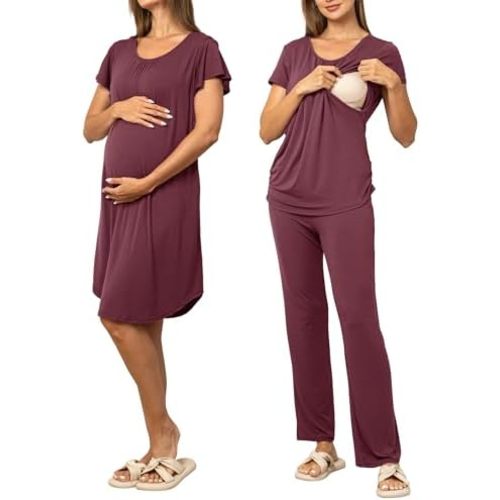 SUNNYBUY Women 3 PCS Maternity Nursing Nightgown Dress & Short Sleeve Breastfeeding Top & Pregnancy Pants Sleepwear Set
