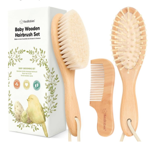 Baby Hair Brush Set for Newborns - Soft Goat Bristle Wooden Baby Brush and Comb Set Newborn Grooming Kit for Cradle Cap, Durable & Gentle, Boy, Girl Infant Essentials Care Kit (Oval, Walnut)