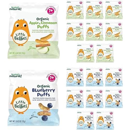 Little Bellies Organic Puffs Variety Pack, Blueberry & Apple and Cinnamon (Pack of 18)