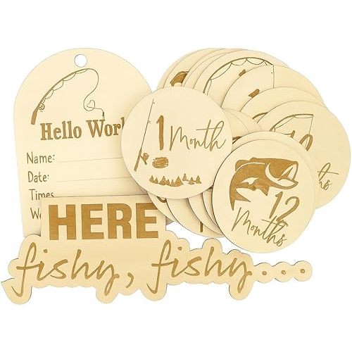 SM Design Baby Milestone Markers Set of 12 + Birth Announcement Sign | Monthly Baby Photo Props | First Year Milestones | Nursery Wall Decor | Hobby Theme (Fishing)