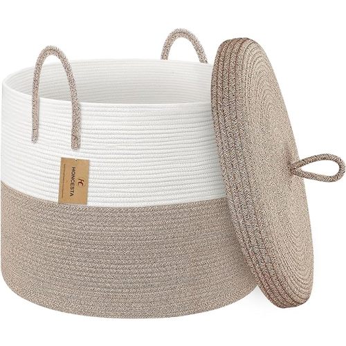 18" X18“ X 14" Large Storage Basket with Lid, Blanket Basket Living Room, Woven Cotton Rope Storage Box, Lidded Kids Dog Toy Bin, Wicker Laundry Basket, Blankets Pillows Organizer Holder