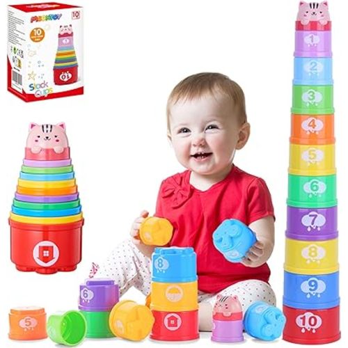 MOONTOY Stacking Cups Baby Toys 6 10 12 18 Months, Montessori Toys for 1 Year Old Toddler Learning Toys with Numbers Shapes Patterns, Baby Bath Toys 6-12 Months, Gifts for 1 2 3 Year Old Boys Girls