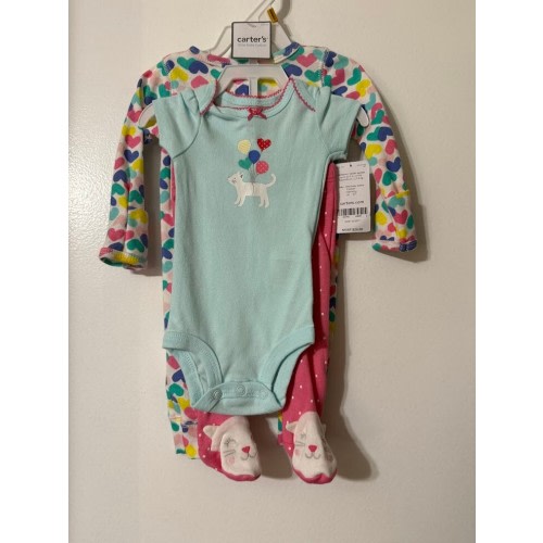 Carters Sleep n Play Girls Cat Balloons Pink 3 Piece Outfit Set Size NB Bodysuit