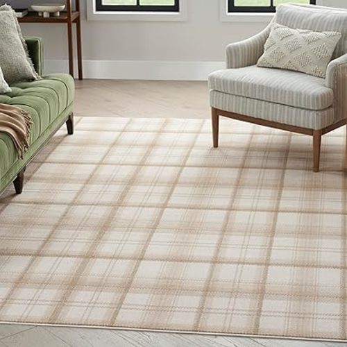 Nourison Grafix Plaid Ivory Beige 5'3" x 7'3" Area Rug, Easy Cleaning, Non Shedding, Bed Room, Living Room, Dining Room, Kitchen (5x7)