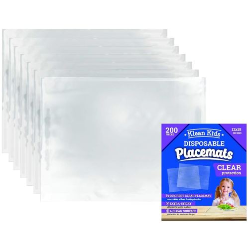 Clear Disposable Placemats for Baby, (200 Pack) Baby Eating Mat, 12" x 18" Sticky Transparent Table Mat - Adhesive Table Protector, Easy Clean High Chair Placemat, Airplane Tray Cover Disposable