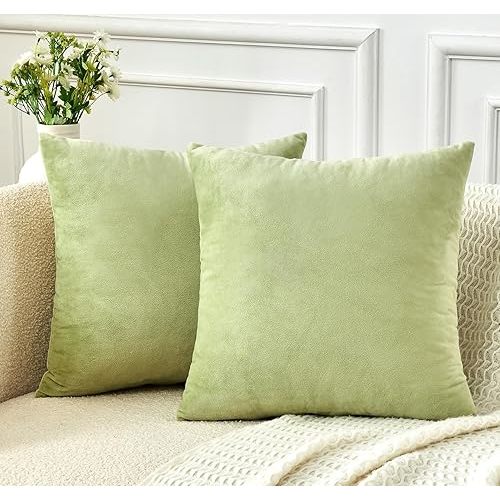 Throw Pillow Covers Sage Green Set of 2 18x18 Inch Pillow Covers, Soft Velvet Decorative Pillowcases for Couch Sofa Bed, Home Boho Decor, Modern Farmhouse Cushion Covers