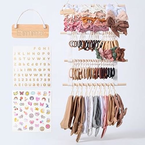 Bow Holder for Girls Hair Bows, Hair Bow Organizer, Headband Holders, Hanger Wall, Clip Organizer, Ribbon Storage for BabyGirl Nursery Wall Decor - Nametag, XXL Hooks, Stickers included - White
