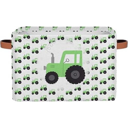 Truck Car Storage Basket, Green Tractor Foldable Storage Bin with Handle Fabric Rectangular Storage Box Organizer for Closet Shelf Home Office Nursery Toy Basket, 1 Pack