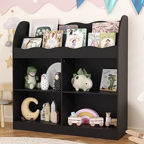 Black Kids Bookshelf, Toy Storage Organizer with Book Rack and 4 Storage Cubbies, Wooden Kids Bookcase, Toy Organizers and Storage for Nursery, Playroom