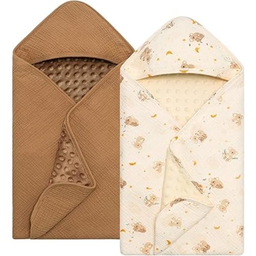 Baby Bath Towels for Newborn 100% Muslin Cotton and Minky Dot Fabric Neutral Hooded Baby Towels Set 2 Pack for Boys Girls Ultra Soft and Absorbent 30 x 30 Inch Brown & Koala