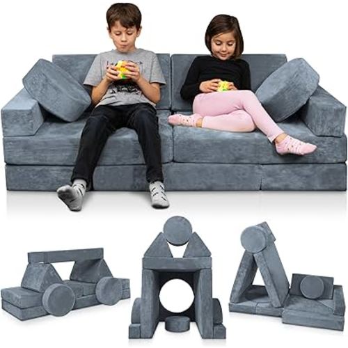 Lunix LX15 14pcs Modular Kids Play Couch, Child Sectional Sofa, Fortplay Bedroom and Playroom Furniture for Toddlers, Convertible Foam and Floor Cushion for Boys and Girls, Gray