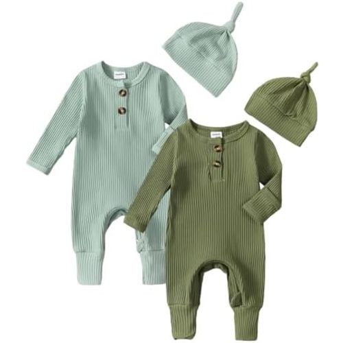 Infant Boys Girls Clothes Set Newborn Baby Romper Hat Ribbed Knit Long Sleeve Button Solid Bodysuit Jumpsuit