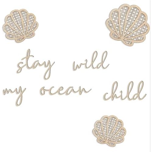 Stay Wild My Ocean Child Decor, Artistic Room Decor for Child, Wooden Nursery Decorations, Elegant Shells and Ocean Boho Wall Art for Boy and Girl Bedroom, Living Room