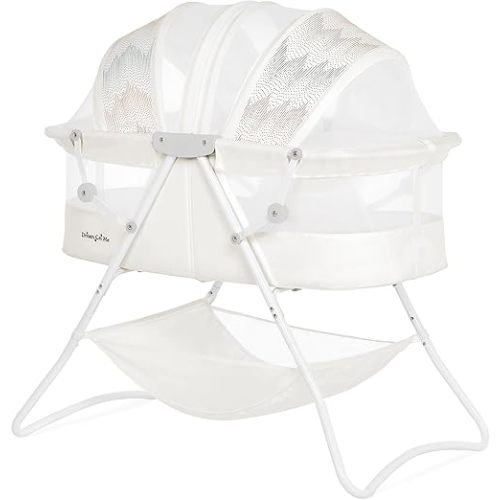 Dream On Me Karley Bassinet in Dove White, Lightweight Portable Baby Bassinet, Quick Fold and Easy to Carry, Adjustable Double Canopy, Indoor and Outdoor Bassinet with Large Storage Basket.