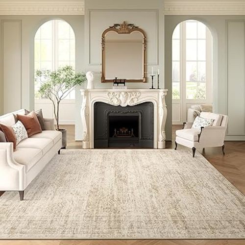 Washable Area Rug 8x10, Large Soft Rugs for Living Room Vintage Beige Carpet 8x10 Area Rugs for Bedroom Dining Room Non-Slip Stain Resistant Under Table Rug