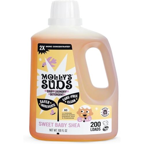 Molly's Suds Baby Liquid Laundry Detergent | Removes Formula, Poop & Spit-Up Stains | Extra Gentle for Infants, Babies, Toddlers (Sweet Baby Shea, 200 Loads)
