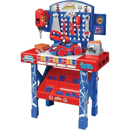 World Tech Toys Marvel Spidey and Amazing Friends Bench Set – Tool Bench Playset with Take Apart Car - Official Marvel Licensed Product (55 Pieces)