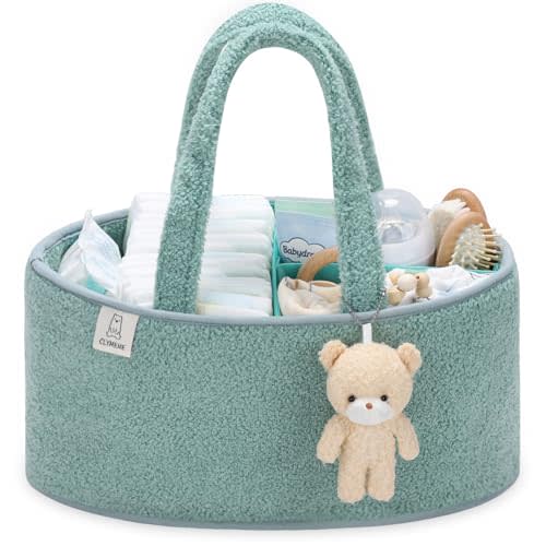 CLYMENE Baby Diaper Caddy Organizer, Nursery Storage Basket for Diapers and Wipes - Newborn Changing Table Essentials, Baby Gift Registry for Baby Shower - Diaper Tote Bag for Car Travel - Sage Green