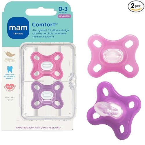 MAM Comfort Baby Pacifier 0-3 Months Specially for Smaller Newborn Mouths,Lightweight One-Piece BPA-Free Silicone, Easy to Clean, Best for Breastfed Babies, 2 Pk, Sterilizer Case, Made in Europe