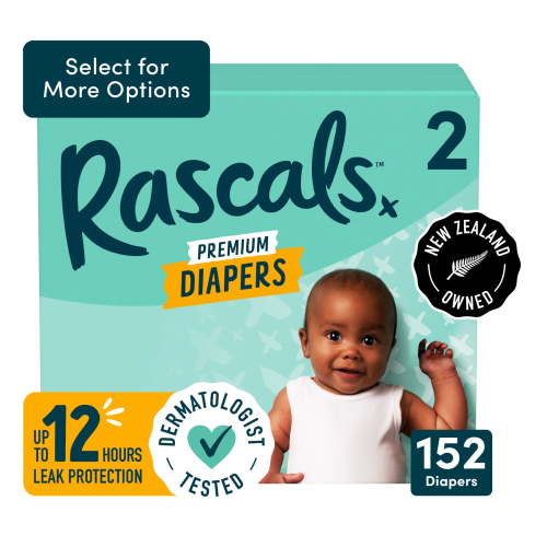 Rascals Premium Absorbent Baby Diapers, Size 2, Carton, 152 Count, Unisex Baby Diaper