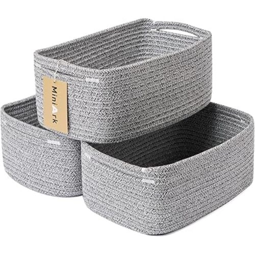 Shelf Storage Baskets for Organizing | Closet Organizer Bins | Small Baskets | Toy Basket | Cute Decorative Basket | Cube Storage Bin | Woven Rope Basket | 13×8.5×5.1” | 3 Packs Mixed Grey