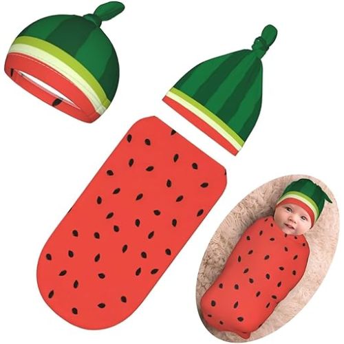 Personality Watermelon Newborn Swaddling Blanket Beanie Hat Funny Blanket Sleeping Bag New Born Sleep Sacks for Boys Girls