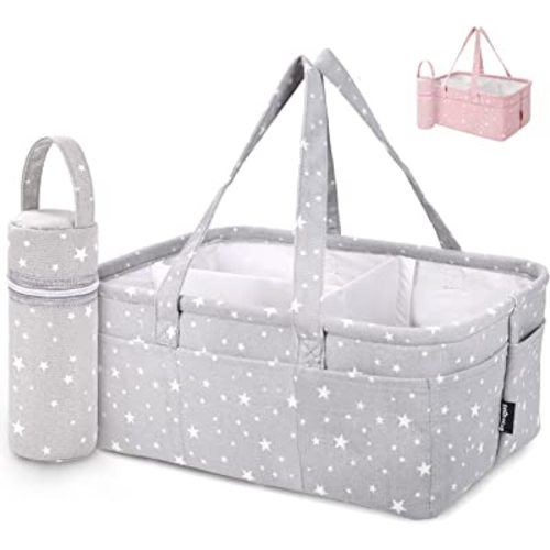Baby Diaper Caddy Organizer - Baby Shower Basket | Large Nursery Storage Bin for Changing Table | Car Travel Tote Bag | Newborn Registry Must Have | Bonus Bottle Cooler | Gray