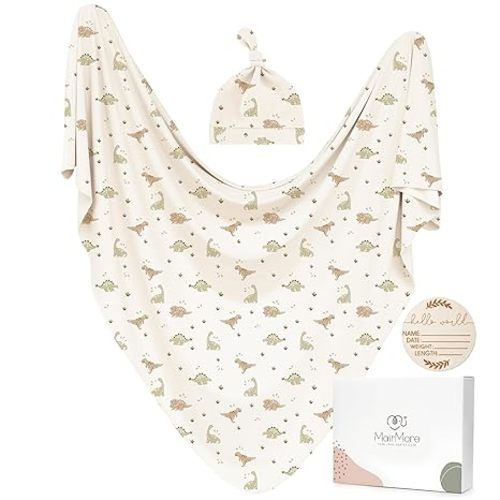 Baby Swaddle Receiving Blankets with Matching Beanie Set Newborn Nursery Swaddle Wrap for Baby Girls and Boys (Green Dinosaurs)