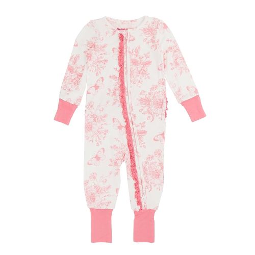 RuffleButts Pink Butterfly Garden Toile Ruffle One Piece Convertible Pajamas - Newborn