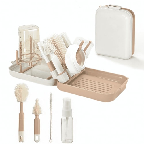 Oioane 2-in-1 Baby Bottle Cleaning Brush Set & Portable Drying Rack, Compact Countertop Organizer and Hygienic System for Bottles, Nipples, and Pump Parts