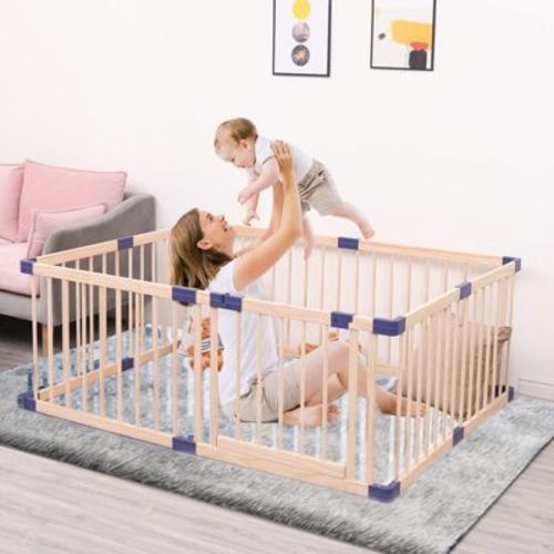 Wooden Baby Playpen, Large Wood Gate Playpen for Babies and Toddlers, Baby Fence Play Yard with Door for Kids Activity Center