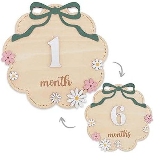 Wooden Baby Monthly Milestone Sign Set with Pink Bow, 1–12 Month Cloud Shape Photo Prop, Floral Baby Girl Growth Tracker Nursery Decor (Matte Sage)