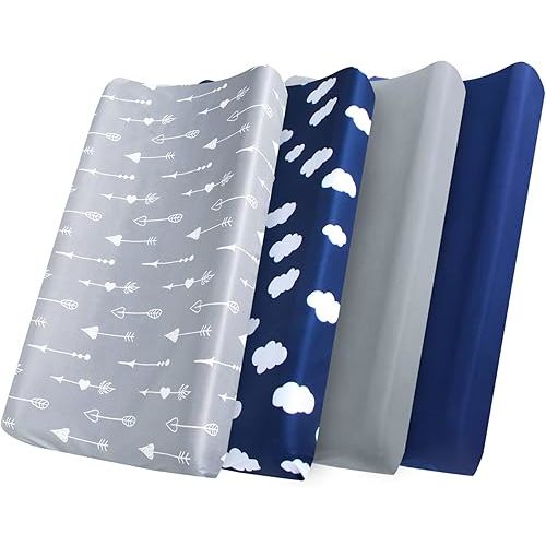 Chaning Pad Cover(32" x 16"), 4 Pack for Portable Change Pad, Change Pad Covers, Breathable & Soft Microfiber, Grey/Navy