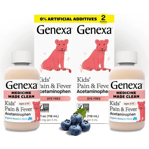 Genexa Kids’ Clean Pain & Fever Acetaminophen, Dye Free, 0% Artificial Additives, Delicious Organic Blueberry Flavor, Liquid Oral Suspension Medicine, Children 2-11, 160 mg per 5mL, 8 fl oz (2 Pack)